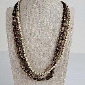 Premier Designs Gold Tone White Faux-Pearl Amber Glass Multi Strand Necklace 36"
